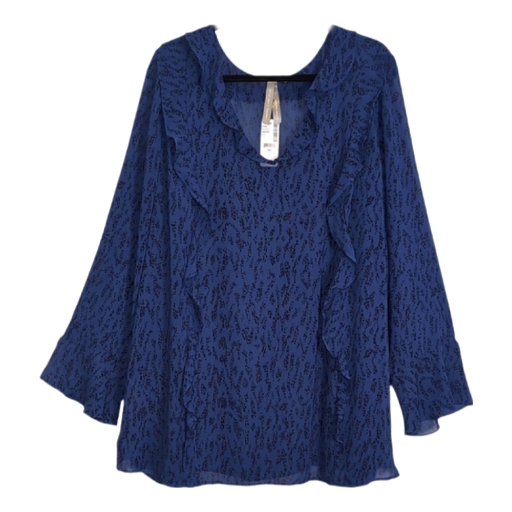NEW Penningtons Sheer Ruffled Blouse Womens Plus Size 4X Blue Black Long Sleeve